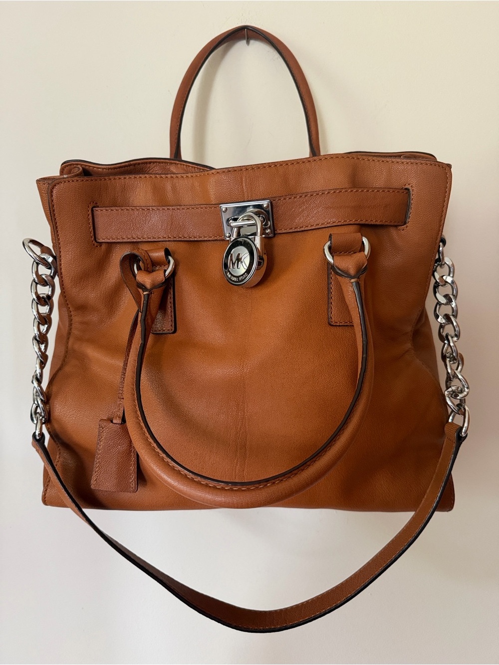 Michael Kors Cognac Leather Tote with Silver-Tone Chain Strap